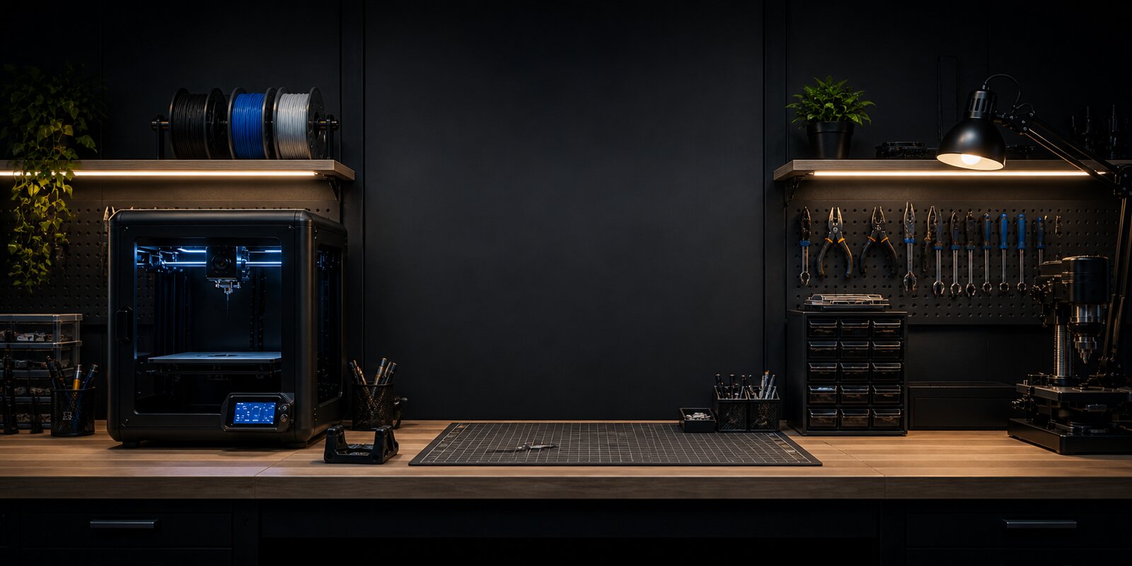 Un poste de travail propre chez Innofenyx avec une imprimante 3D FDM, un panneau d'outils et un tapis de travail - prêt pour le prochain projet d'impression 3D.